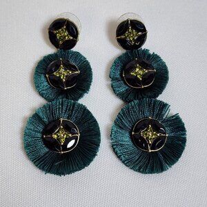 Stella & Dot Green Tassel Fringe Earrings Gold & Black Beaded Statement